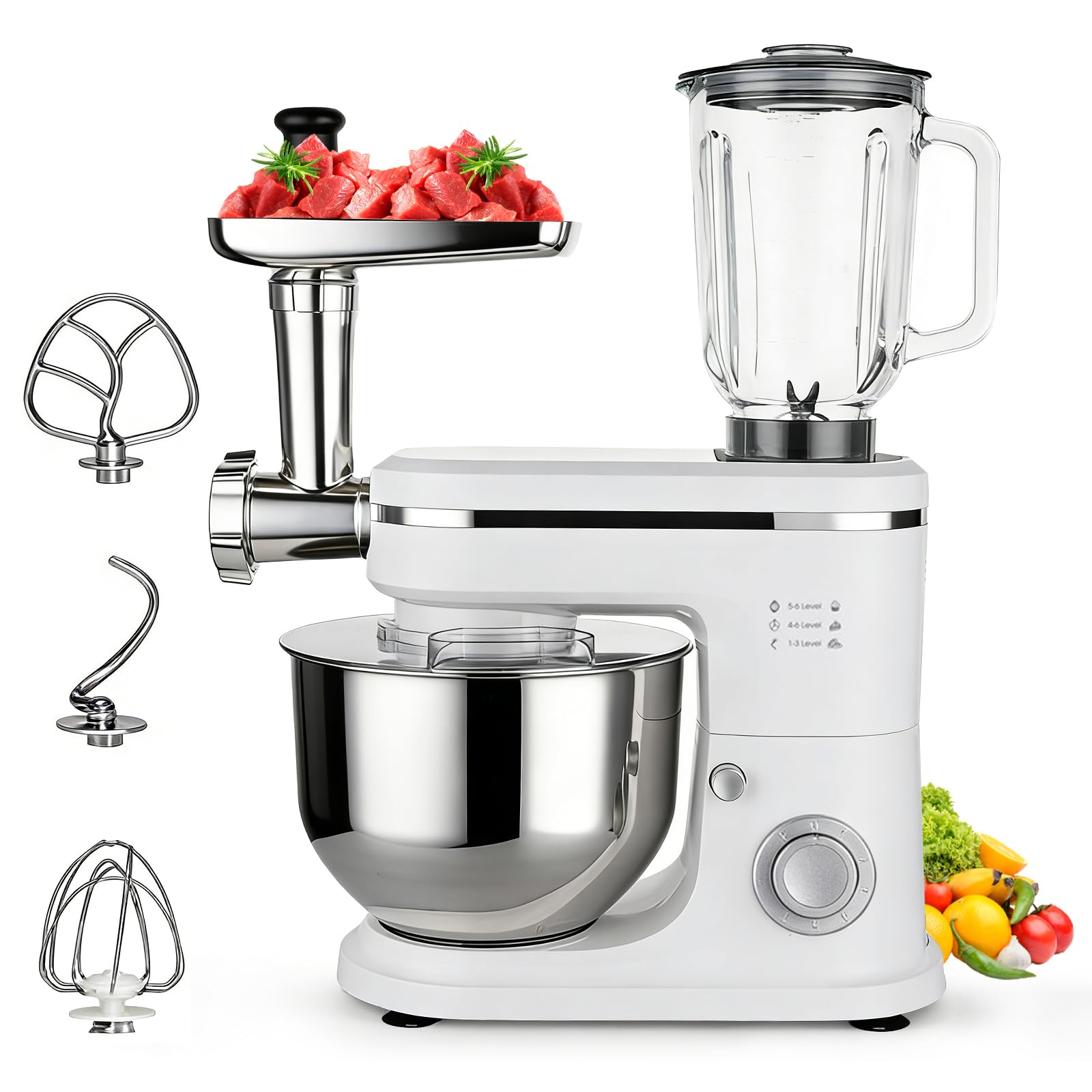 3 in 1 Stand Mixer with Meat Squeezer for Kitchen, 6 Quart Electric Mixer with Stainless Steel Bowl, 6+P Speeds, Dough Hook, Whisk and Whisk-picture-19