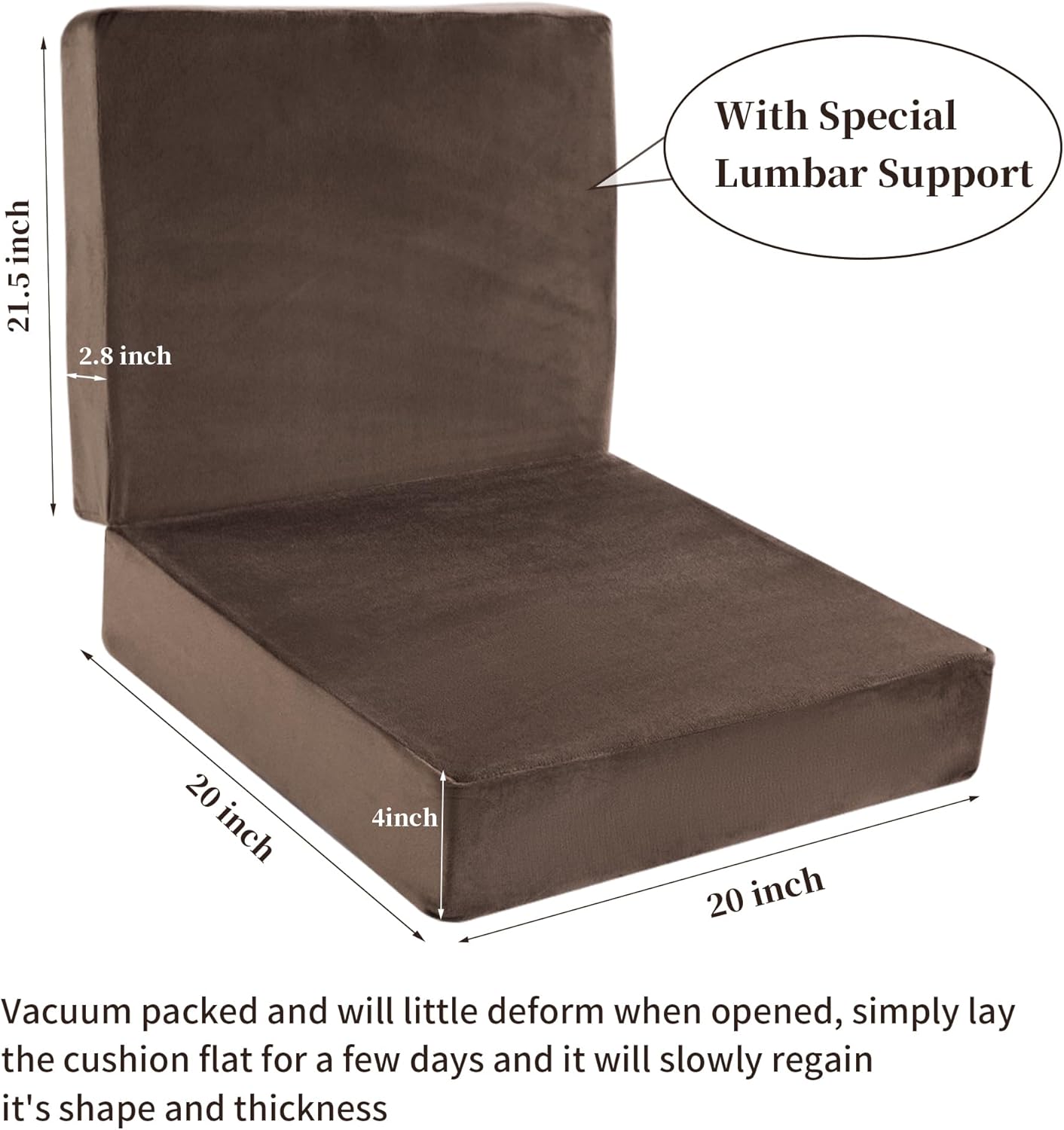 HOMBYS Foam Recliner Chair Cushions for Elderly, 4" Thick Chair Pads with Back Support for Office, Non-Slip Medium Firm Seat Cushion with Lumbar Pillow (Brown, 21.5" Backrest) 20"x20" Seat + 21.5" Backrest Brown