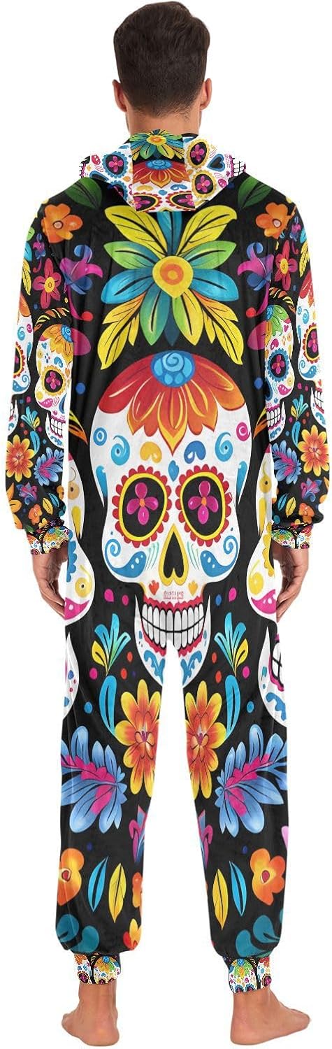 ALAZA Skull Flower Mexico Skeleton Adult Onesie Pajamas for Unisex Novelty One Piece Costume Sleepwear