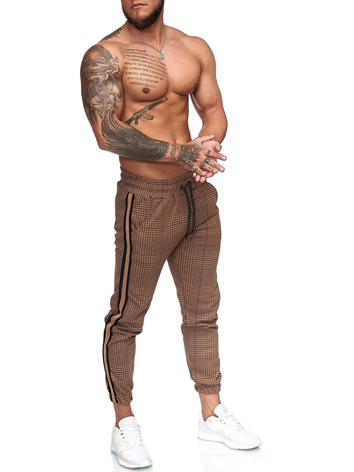 Solove-SuitMens Casual Houndstooth Trackpants Workout Training Jogger Sweatpants Streetwear Trouser with Side Taping for Men