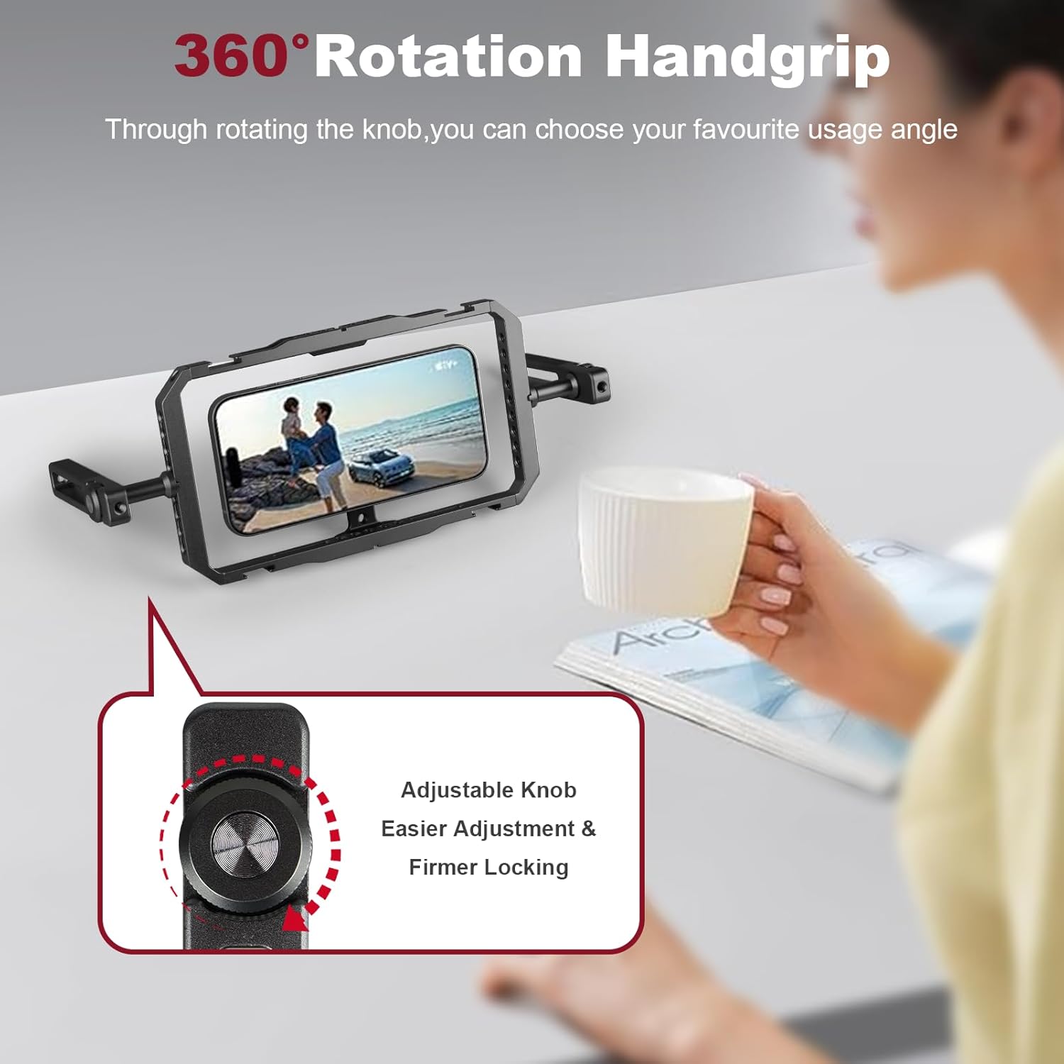 Magnetic Phone Cage with Handle,Smartphone Cage Kit with 360° Rotation Handgrip and Magnetic Sticker for Photography,Compatible with iPhone 17/16/15/14/13 Series and Andriod Phones (Black)