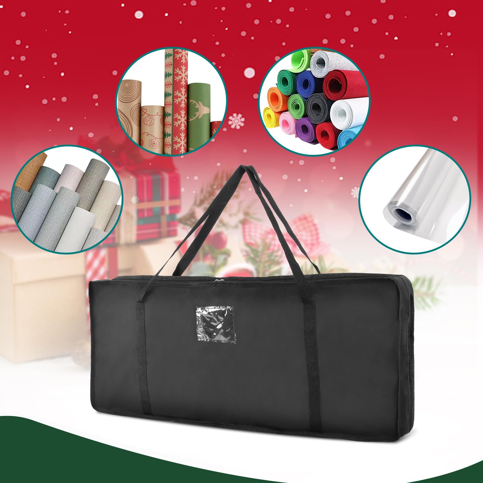 Mrrihand 600D Geschenkpapier Organizer Heavy Duty, 82x13x34cm Geschenkpapier Aufbewahrung reißfest mit verstellbaren Klettverschlüssen, innen 3 Fächer für Weihnachtsschleifen,Dekorationen
