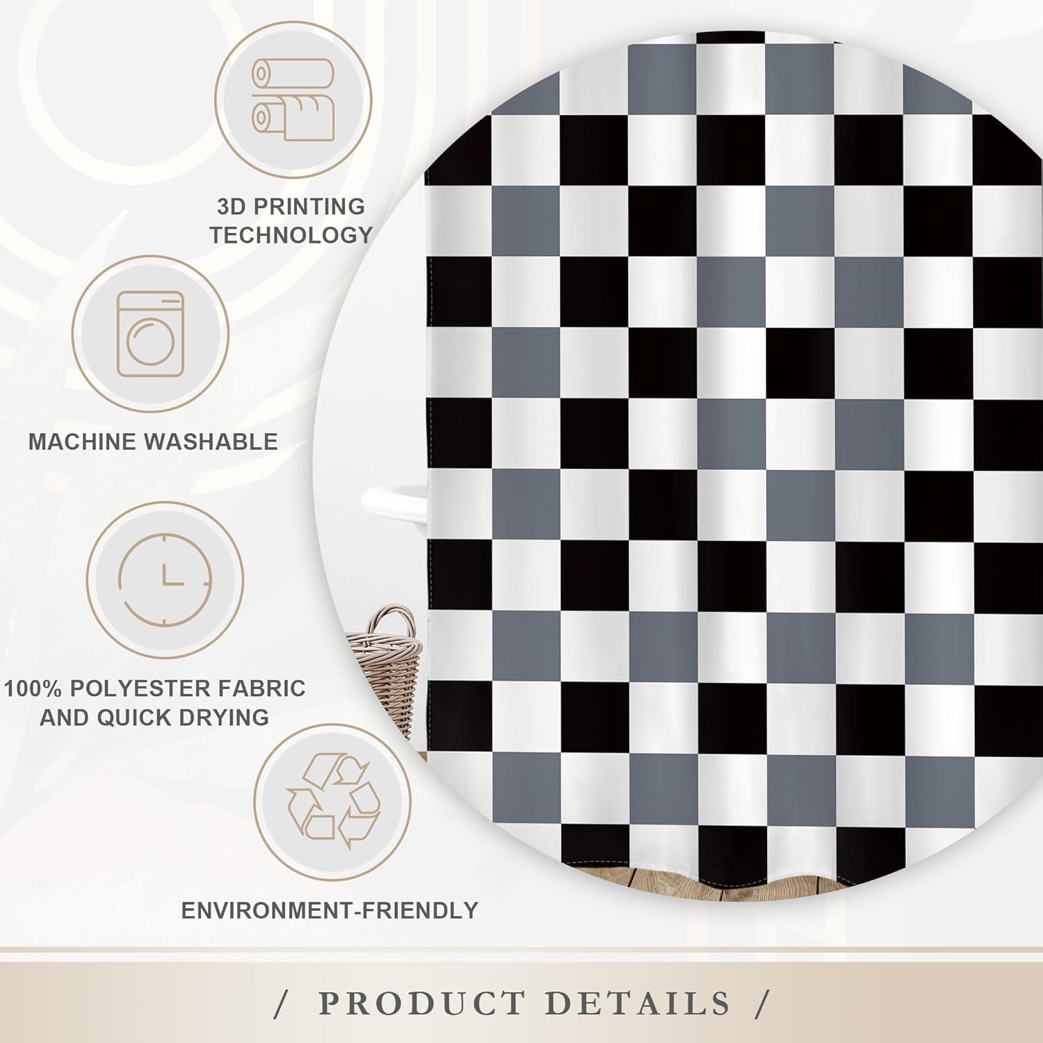 Glawry Extra Long Retro Ombre Black Gray Checkered Shower Curtain Minimalist Checkboard Grid Classical Geometric Bathroom Modern Chic 72Wx84L Inches Bath Accessories Art Home Decor Fabric 12 Pack Hook