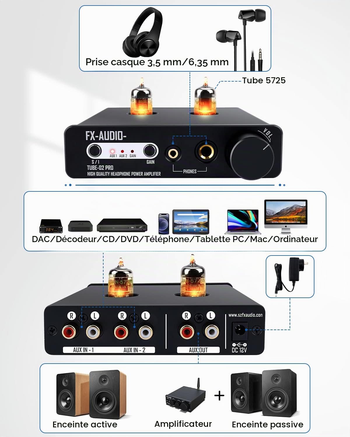 Tube 02 Pro Amplificateur de Casque Classe-A Mini Pré-Amp 5725 DC12V Noir