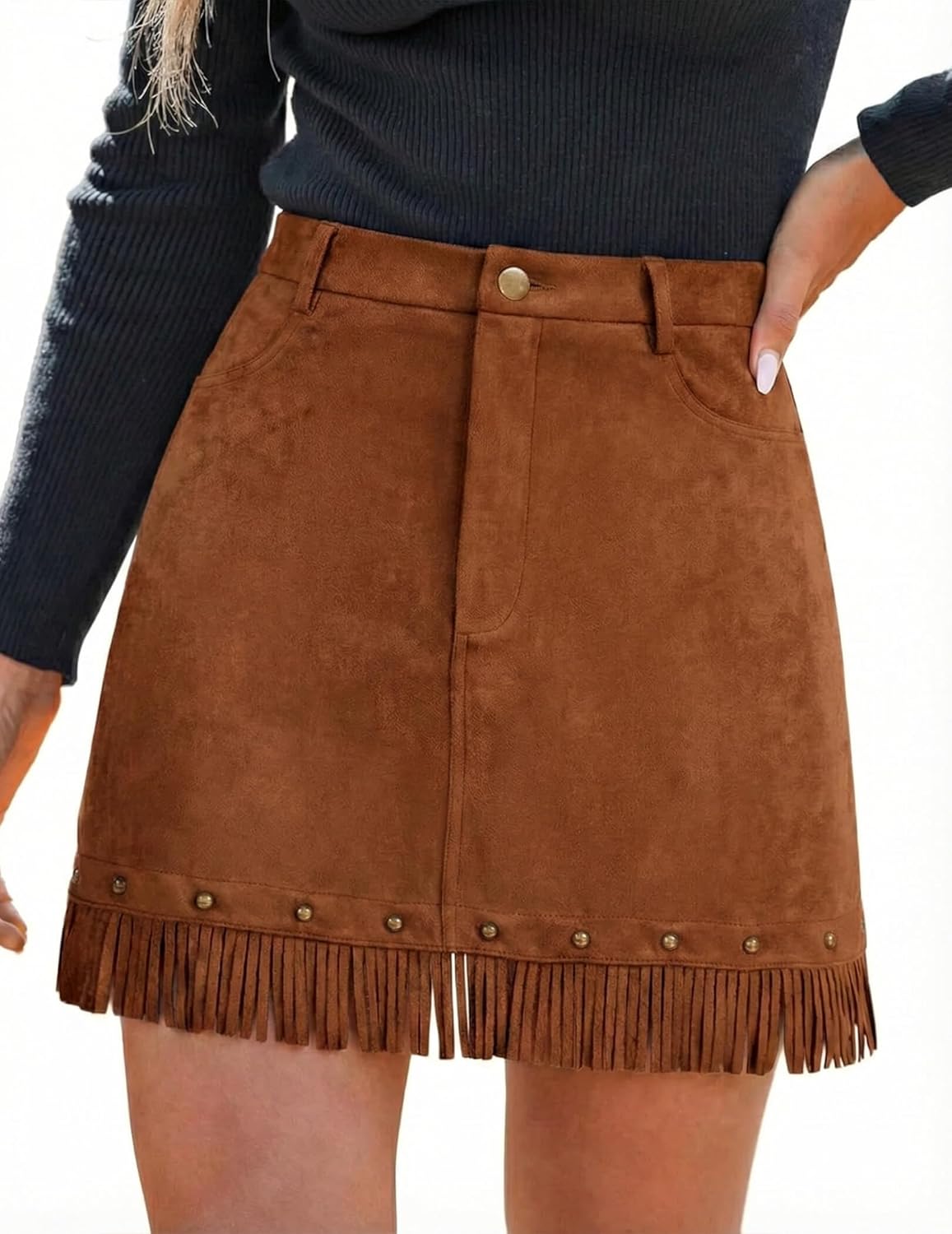 DERAX Women's Suede Fringe Mini Skirt High Waisted Tassel Western A Line 2026 Spring Short Skirts with Pockets