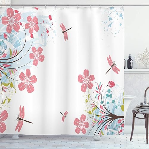 Miniatura 170 de Ambesonne Cortina de ducha hawaiana, diseño de hibisco hawaiano tropical, silueta de niña, tabla de surf, impresión de arte retro, juego de Fucsia