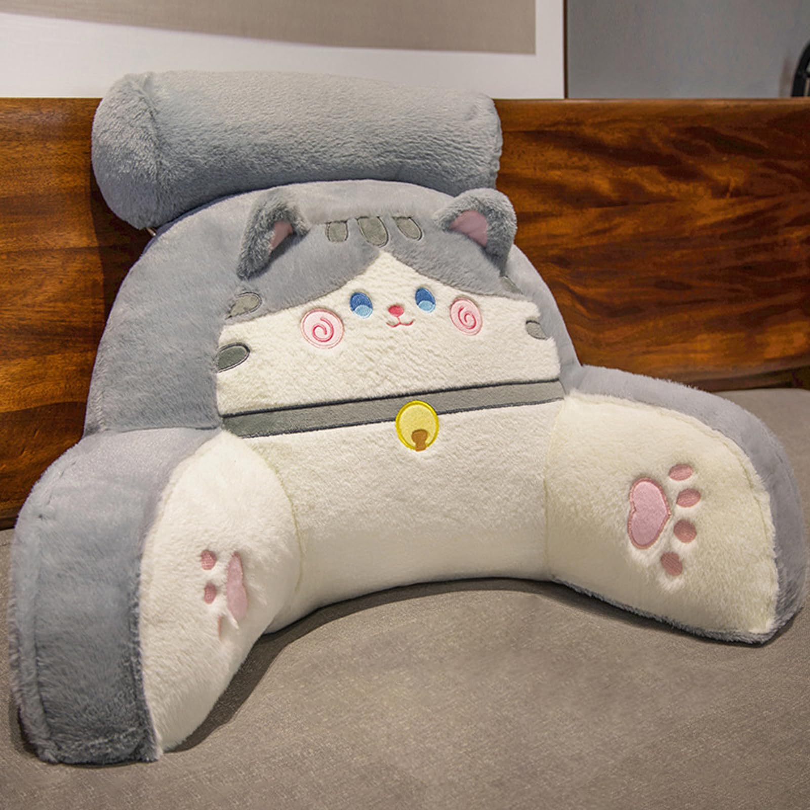 Sswh Light Gray Bed Reading Pillow For Adults Kids, Back Pillow For Sitting In Bed, Lovely 2 In 1 Backrest Pillows With Neck Roll And Arms, Support Pillow Reading Cushion, Sofa Support (Size:70×55Cm,Color:light Gray)