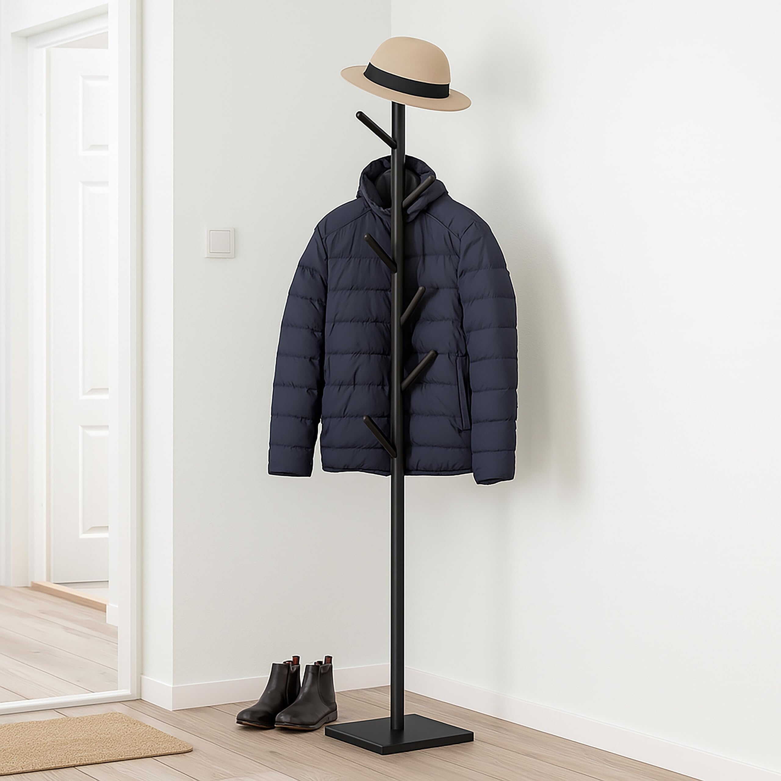 Relaxdays Appendiabiti a Forma di Albero, 8 Ganci Appendi Abiti, Attaccapanni HLP: 177x30x30 cm, in Legno e MDF, Nero