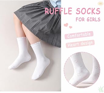 Girls White Dress Socks, Cotton Ruffle Socks, Heart Pattern School Socks