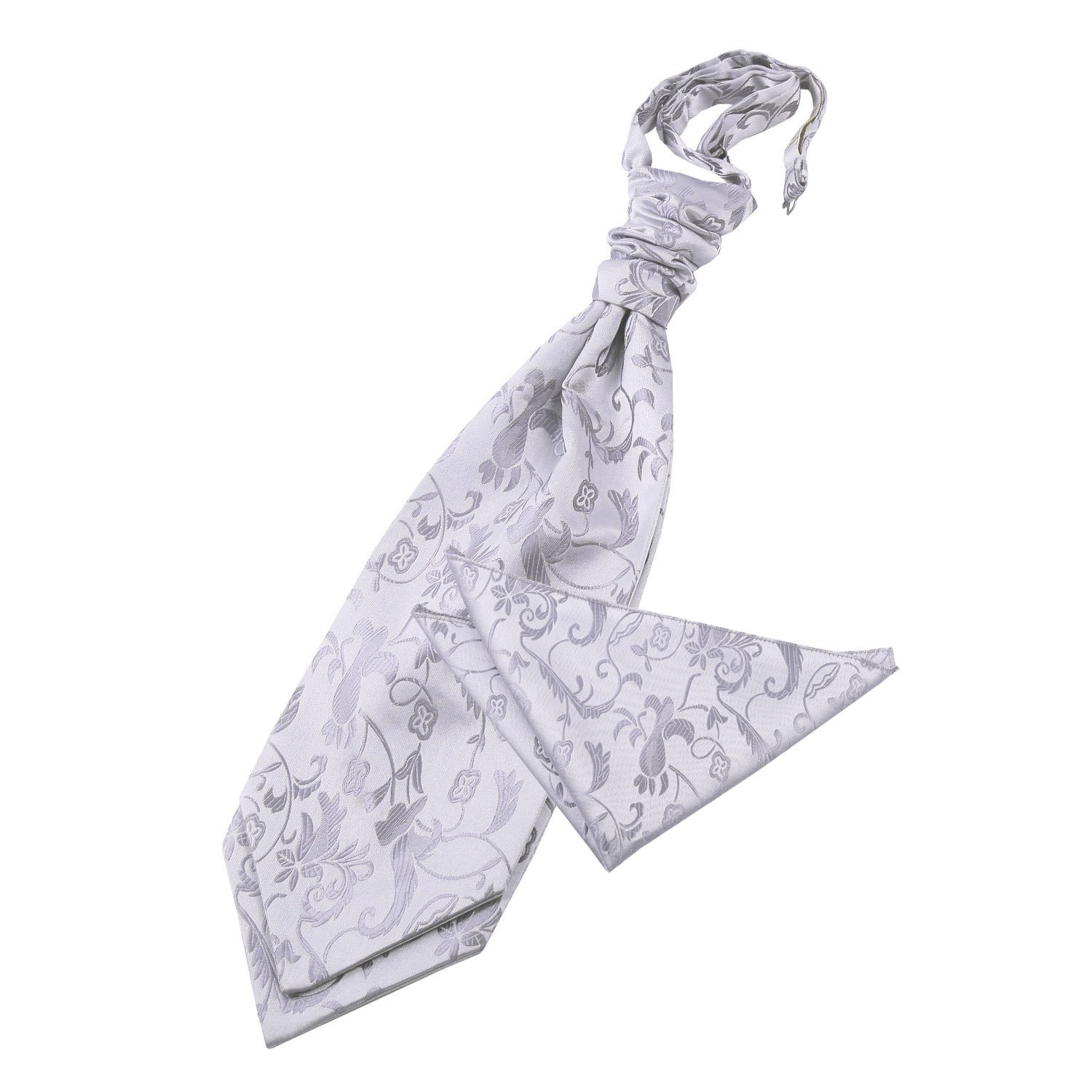 DQT Mens Passion Floral Pre-Tied Cravat & Pocket Square Set – Wedding Formal Ascot - Silver