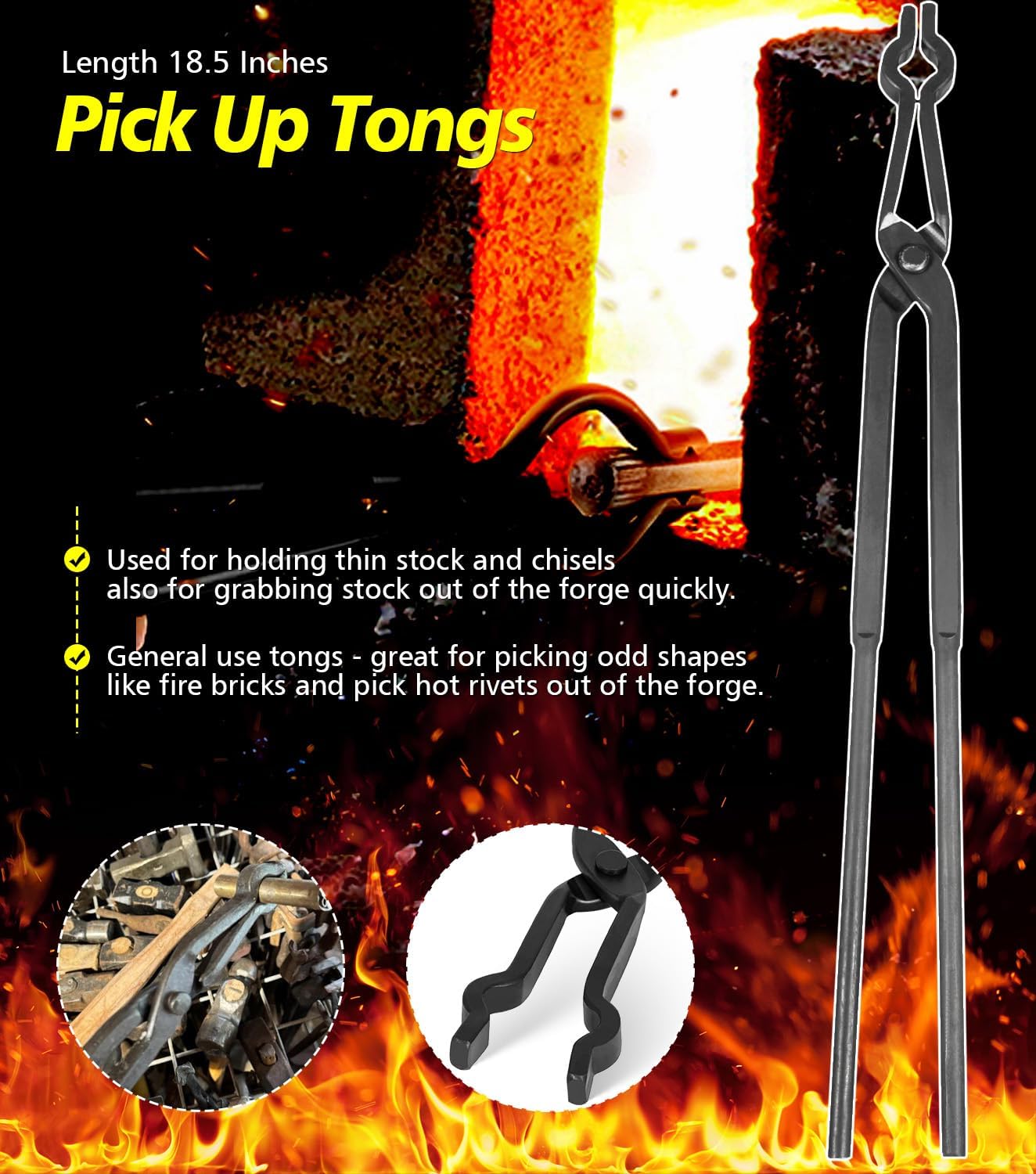 Yoursme Beginner Blacksmith Tongs Set: 1/4 Flat Jaw, Pick Up, Scroll, 3/8, 1/2, 5/8 V-Bit Tongs (6PCS Steel, Black)