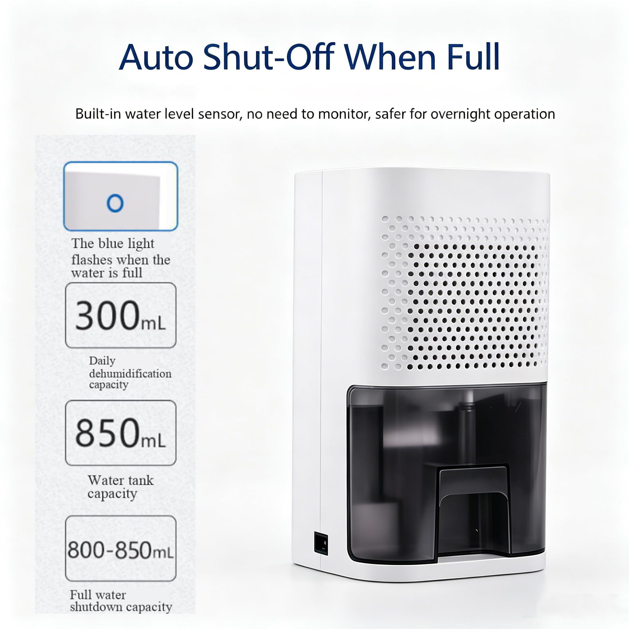 Mini deumidificatore da 850 ml, 22 W a basso consumo energetico, semiconduttore quotidiano, luce notturna integrata, spegnimento automatico, < 36 dB silenzioso, ideale per camera da letto e guardaroba