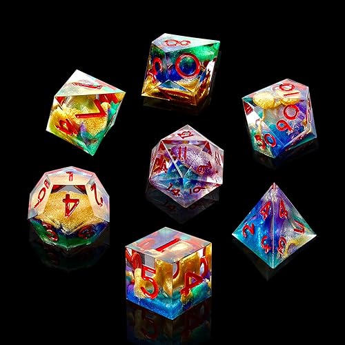 DND - Juego de dados de borde afilado, 7 piezas de dados poliédricos DND con hoja de oro, exquisito embalaje de caja de lata, ideal