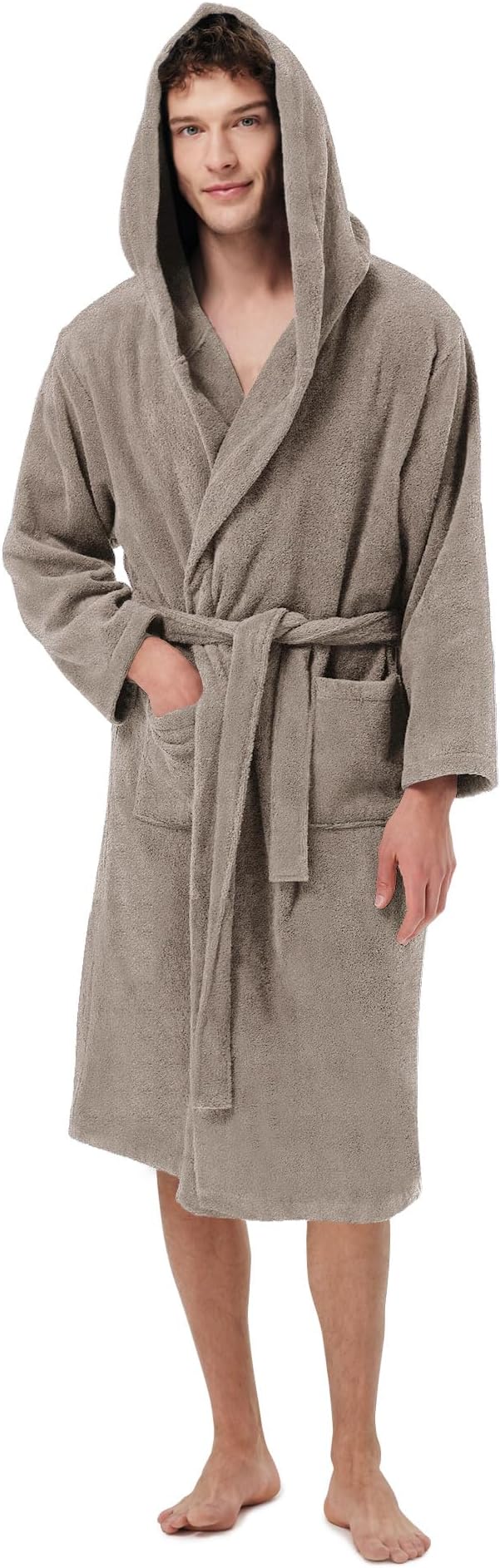 Mens Terry Bath Robe, Plush Hooded Cotton Cloth Knee-Length Robes for Spa, Shower, Soft Towel Bathrobes with Pockets