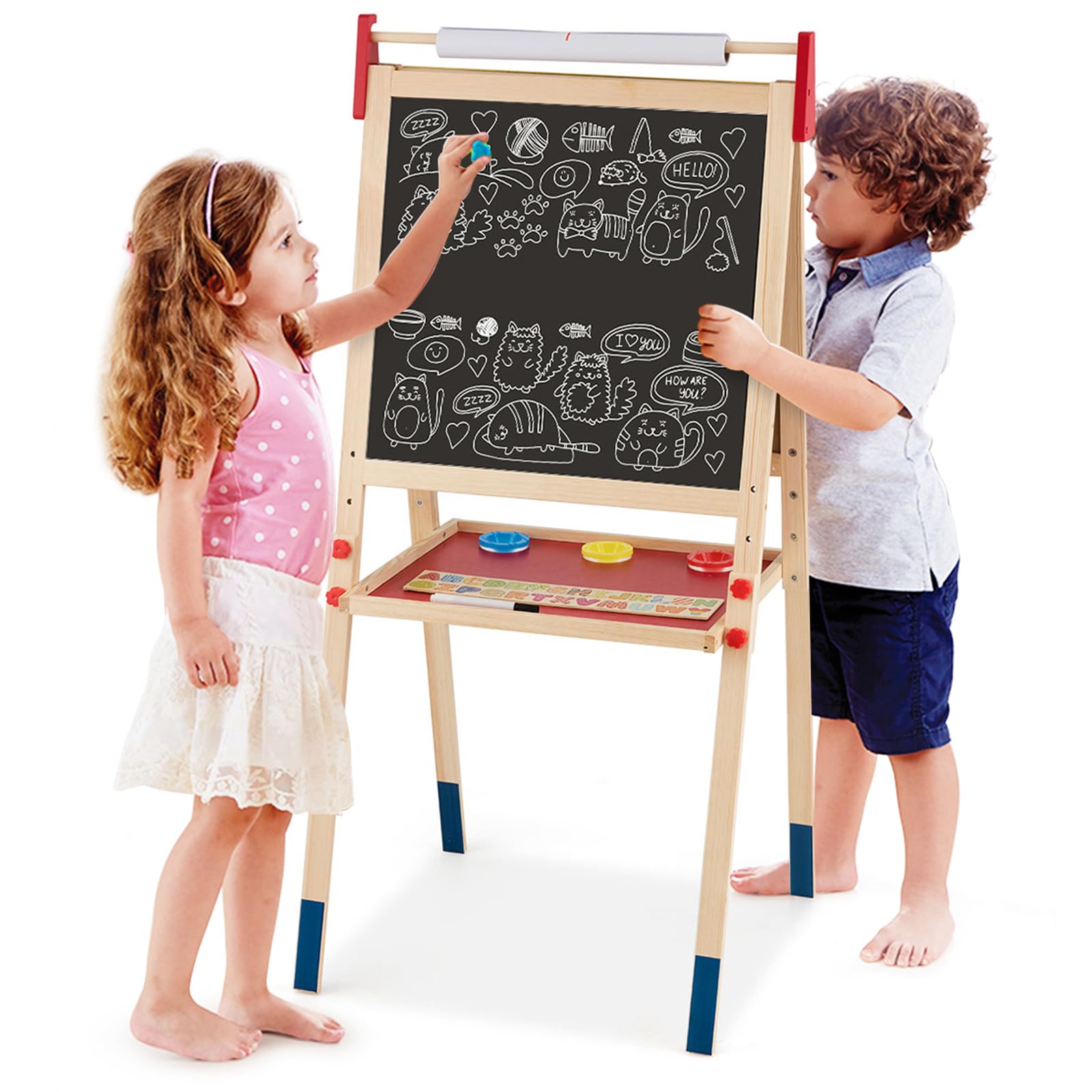 COSTWAY Cavalletto per Bambini 3 in 1, Lavagna Bifacciale, Cavalletto per Disegnare, con Rotolo di Carta, Lavagna Bianca Magnetica, Accessori Completi, in Legno (60x55x(112,5-124,5) cm)