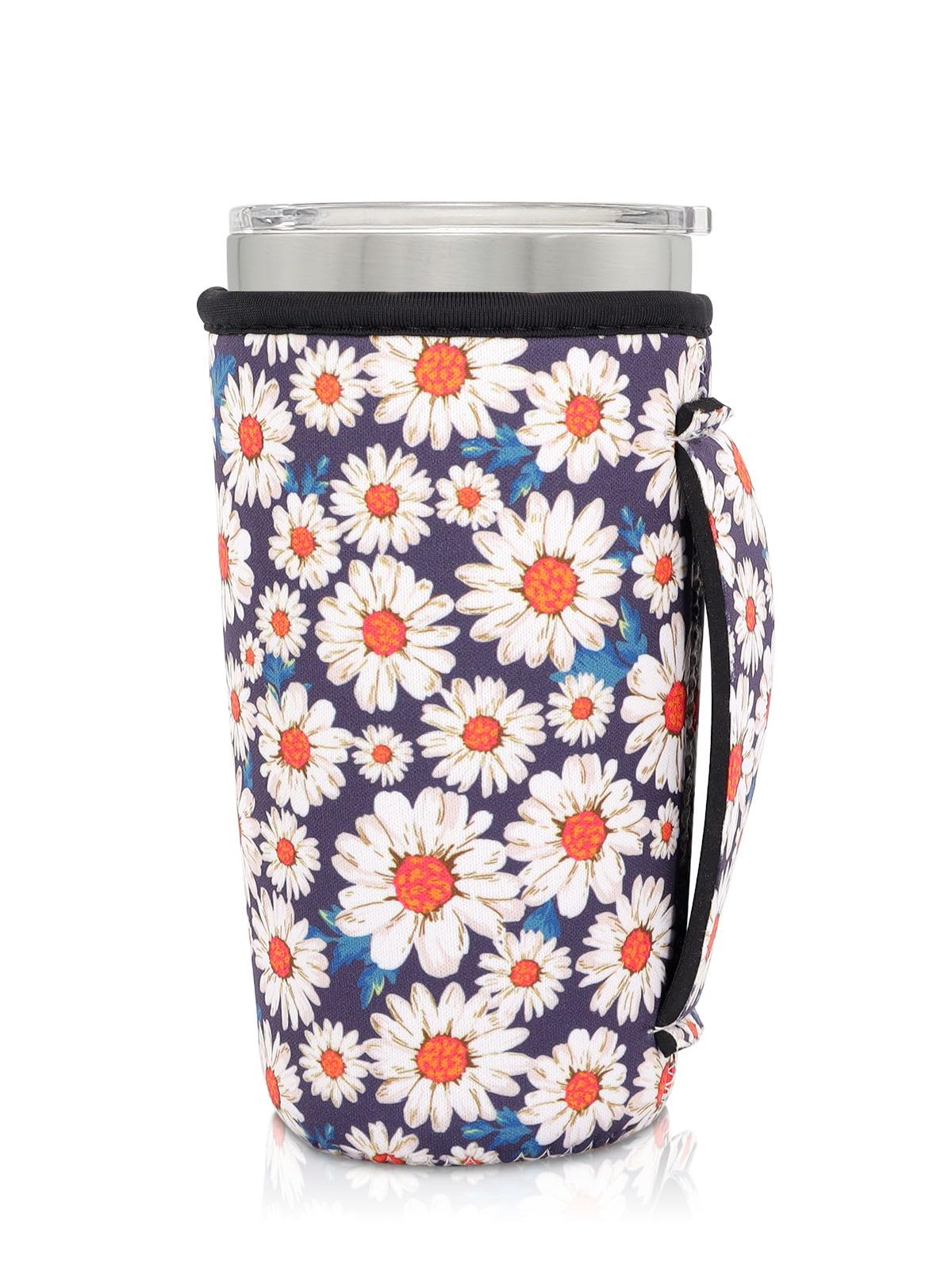 Neoprene Insulated Sleeves Cup Holder with Handle for 20oz Tumbler Cups, Reusable Iced Coffee Sleeve For 30oz - 32oz coffee cups(Daisy Blooming)