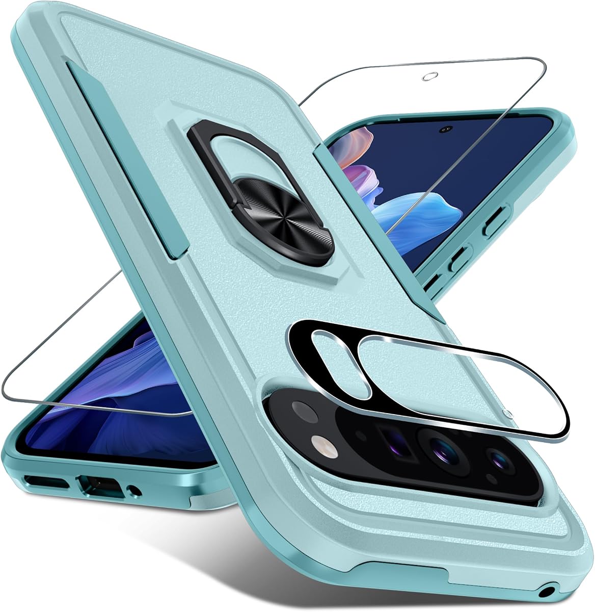 Funda diseñada para Google Pixel 9/9 Pro con soporte de anillo de metal integrado | Protector de pantalla + protector de lente de cámara + soporte, cubierta de teléfono de cuerpo completo resistente a los golpes, verde menta