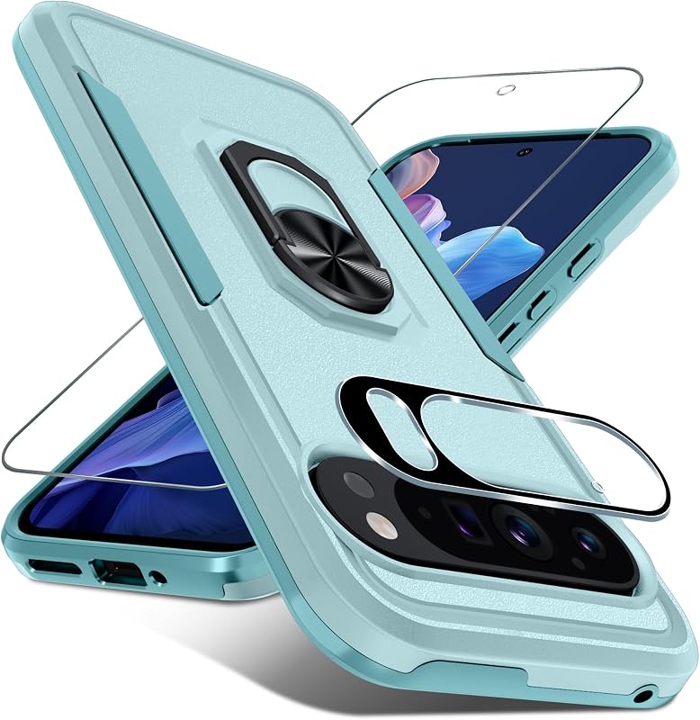 Funda diseñada para Google Pixel 9/9 Pro con soporte de anillo de metal integrado | Protector de pantalla + protector de lente de cámara + soporte, cubierta de teléfono de cuerpo completo resistente a los golpes, verde menta