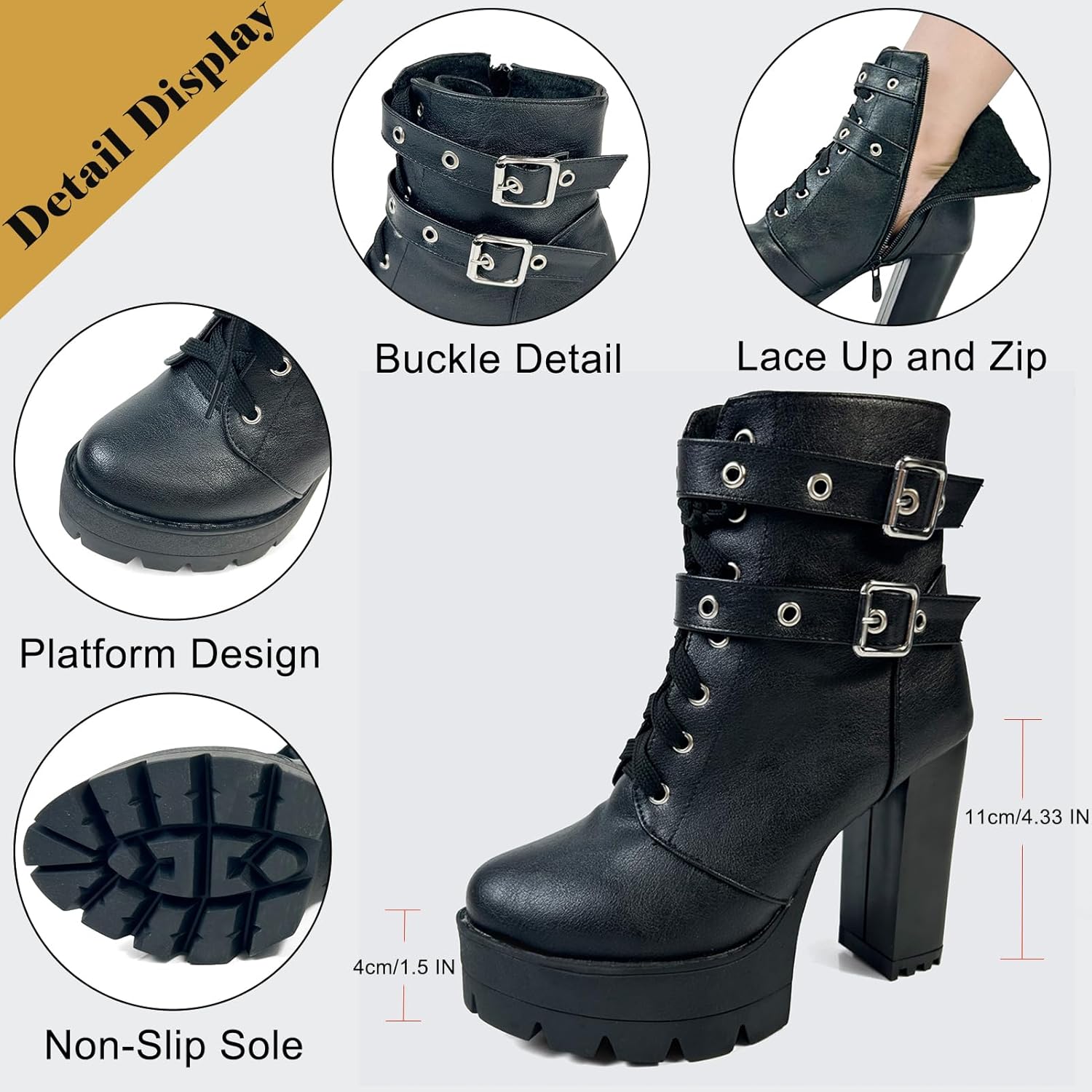 MEOTINA Black High Heel Boots for Women Platform Combat Booties Sexy Buckle Chunky Heeled Goth Boots Lace Up Ankle Boot with Zipper Gothic Shoes