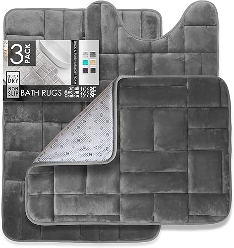 Miniatura 1 de Clara Clark Juego de 3 tapetes de espuma viscoelástica, terciopelo y felpa ultrasuave para baño, antideslizantes, lavables a máquina y de secado