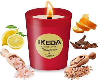 Ikeda Scented Candles for Home, Aromatherapy Candles Gifts for Men & Women Birthday Valentine Christmas Mothers Day, Organic Soy Candles Fragrance of Sandle Wood & Lemon, 6.4 oz-40 Hour Burn Time