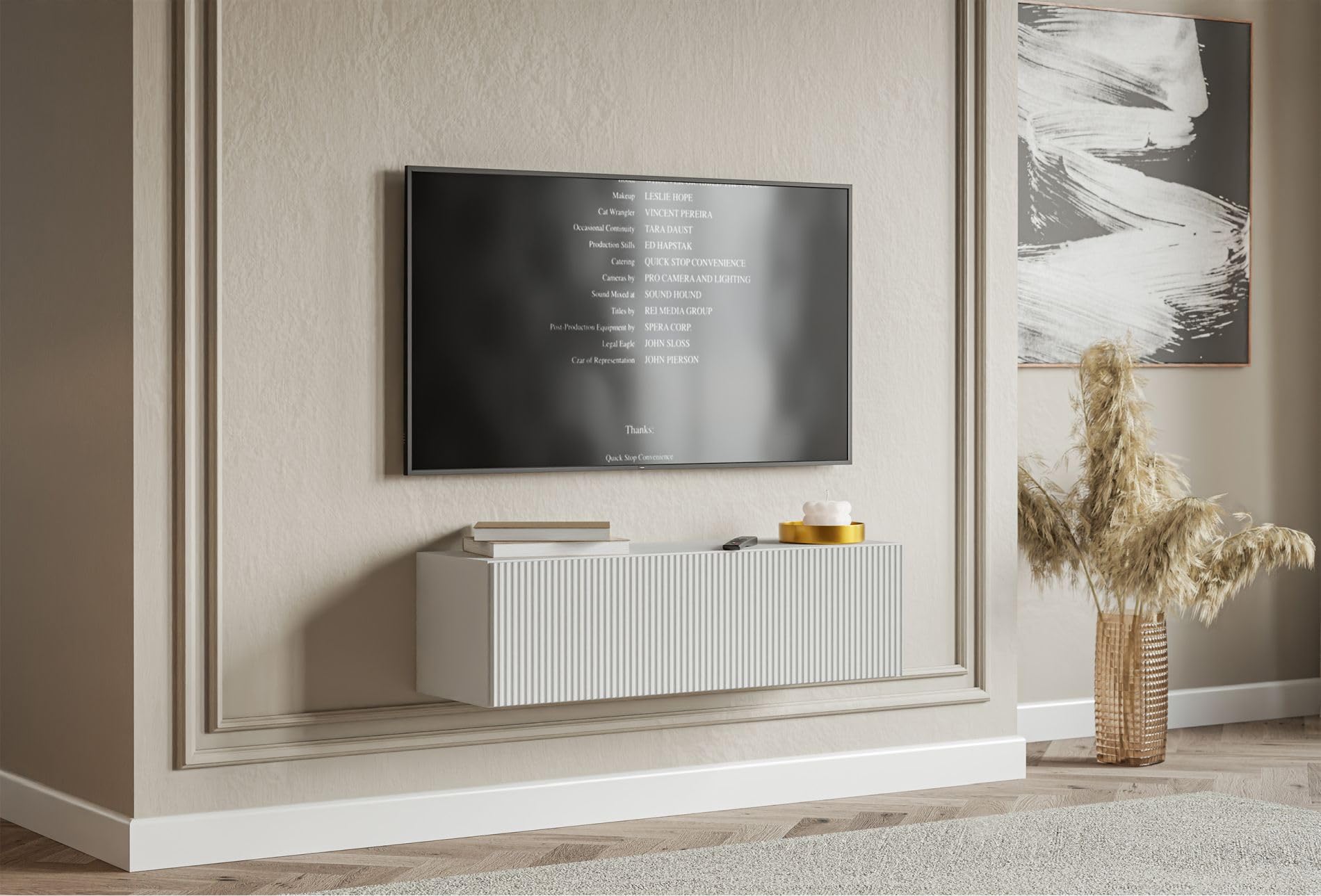 Selsey Meuble TV Suspendu 100 cm Blanc Mat Design Moderne – Rangement à 2 Compartiments Façade Rainurée Idéal Déco Élégante et Contemporaine Salon/Chambre Panneau Laminé/MDF Solide