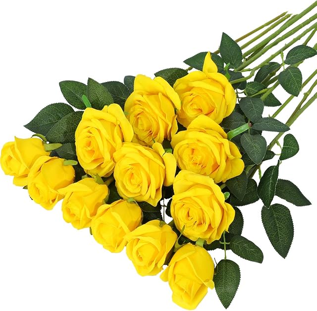Hawesome 12PCS Artificial Roses Fake Flowers Single Long Stem Blooms with Rose Buds Wedding Decoration Bridal Bouquet Decorative Flower Arrangement Home Decoration Party Centerpieces in Yellow