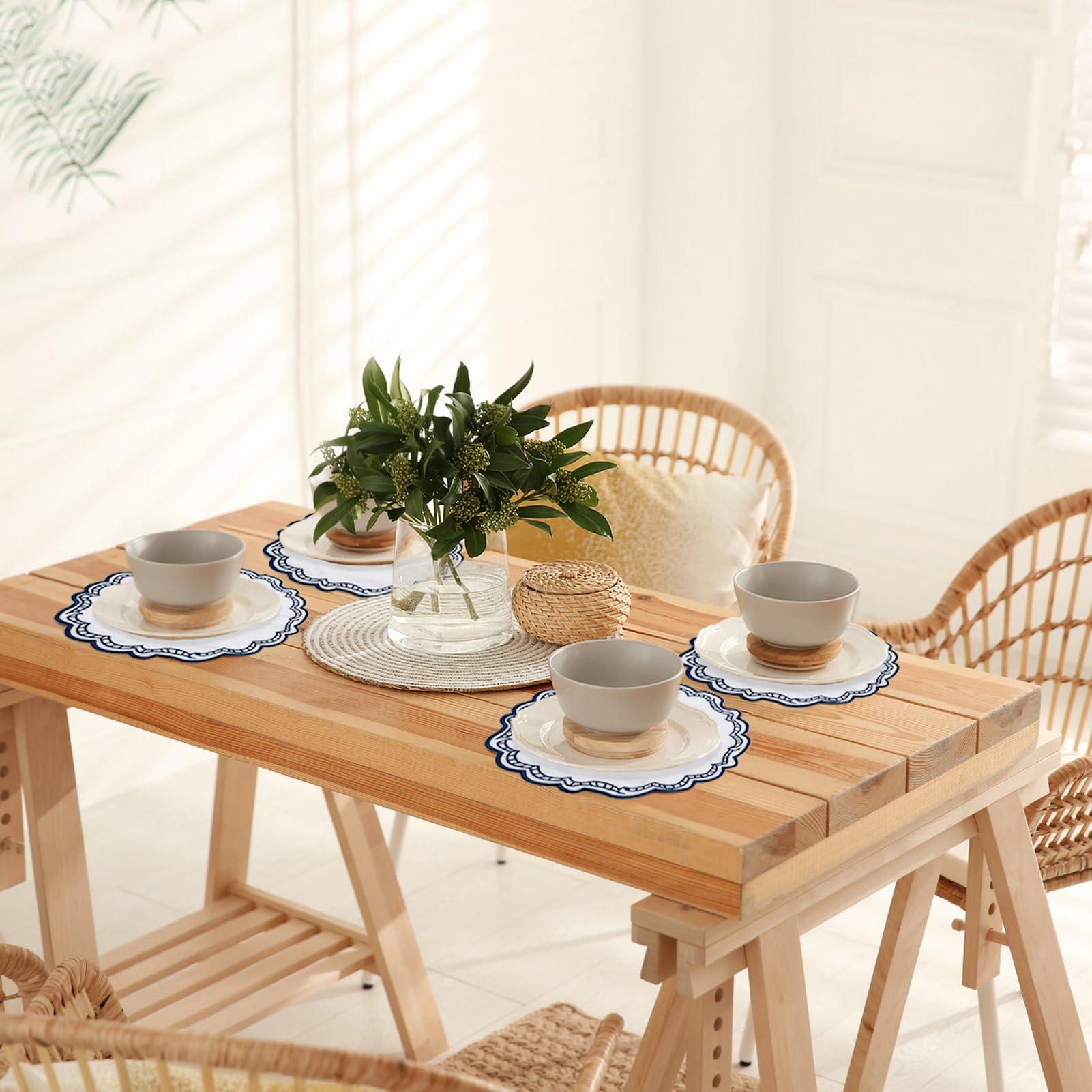 Tischsets Aus Stoff 6 Stück Abwaschbar Doppelseitigen Platzset Rund Platzdeckchen Deko für Küche Speisetisch40 x 40 cm, Weiß/Blau