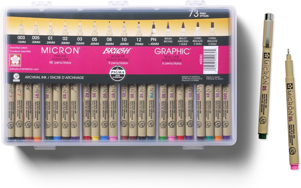 Juego de bolígrafos de color Pigma Micron, juego de regalo para artistas Fineliner de 73 unidades | Colección completa de colores y tamaños de puntos para dibujo, ilustración, diario y rotulación, set de regalo para artistas de tinta de archivo