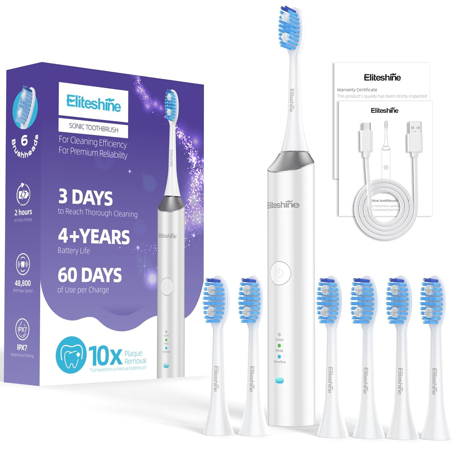 Sonic Electric Toothbrush for Adults and Teens 5 Years Battery Life 48 800 Quiet Operation Rechargeable Genuine Waterproof