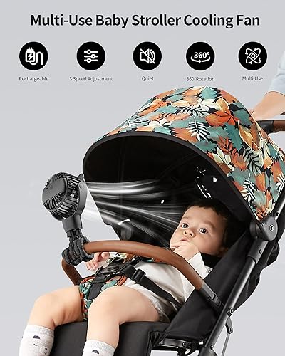 Miniatura 2 de Ventilador de cochecito de bebé, ventilador portátil recargable con batería de 2000 mAh, 3 velocidades de viento, rotación de 360 grados, nivel de