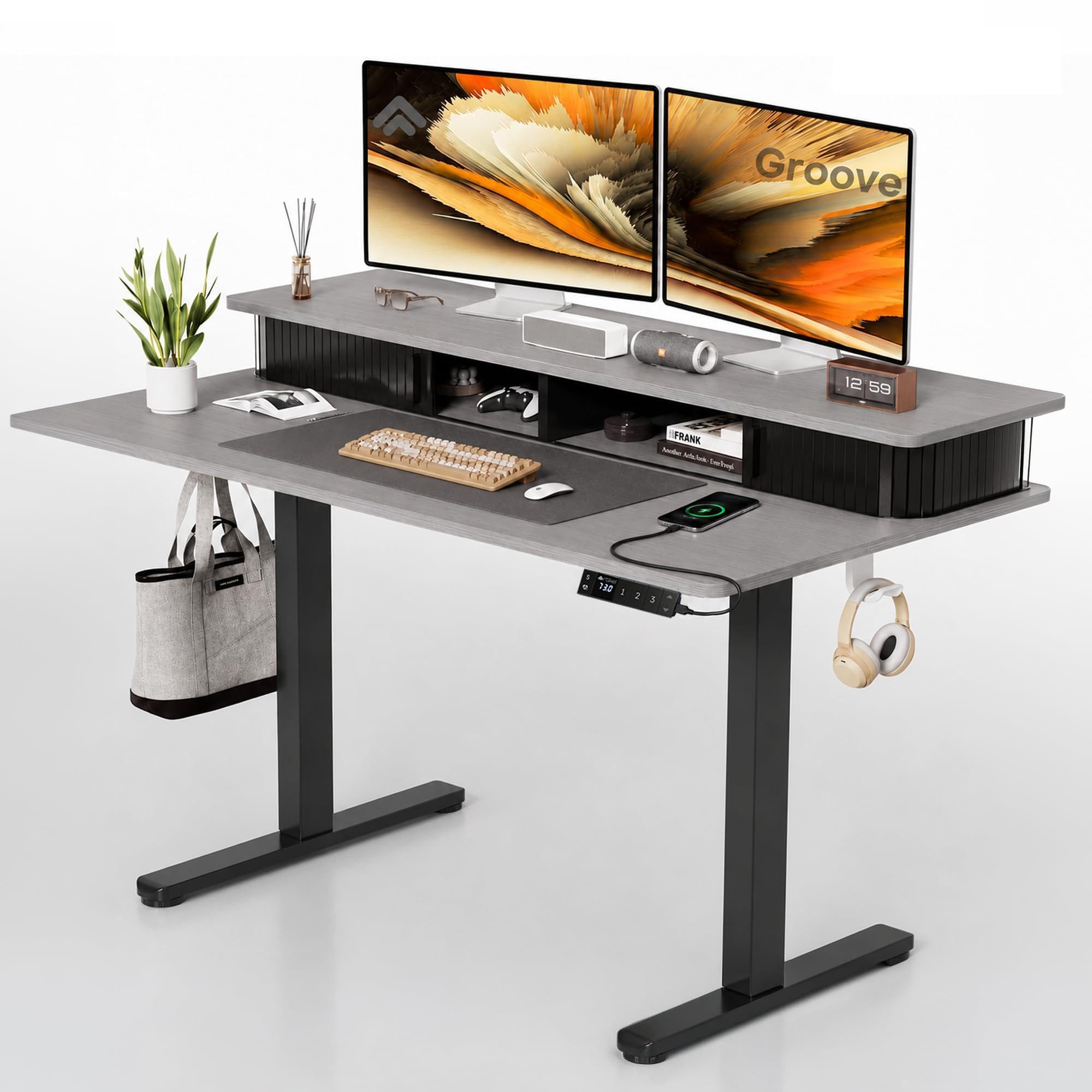 ARTIKEL Groove Electric Height Adjustable Standing Desk with Roller Shutter Door Storage| Sit-Stand Desk for Home Office |Ergonomic Workspace Table with Headphone Hook|120x63cm,Engineered Wood - Grey