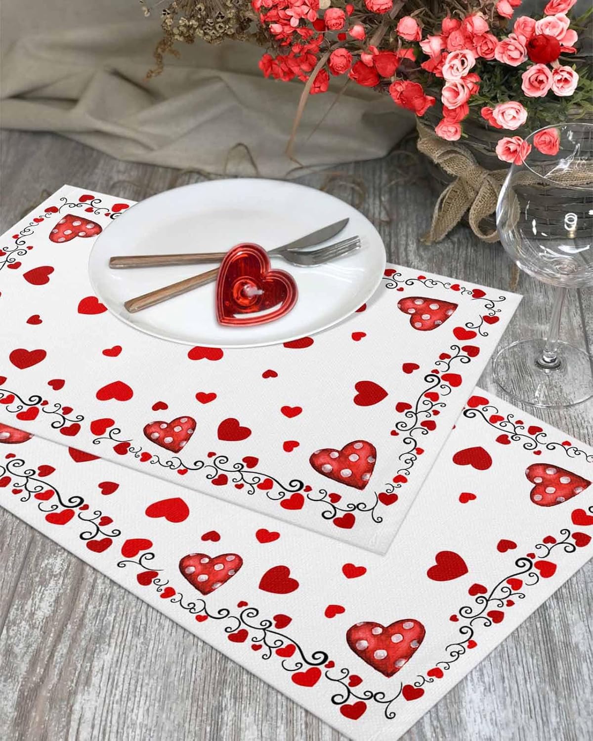 Happy Valentine's Day Placemats Set of 4 Washable Table Mats for Kitchen Dining Table, Cotton Linen Place Mats for Indoor Outdoor Parties Holiday Decoration, Love Heart Polka Dots