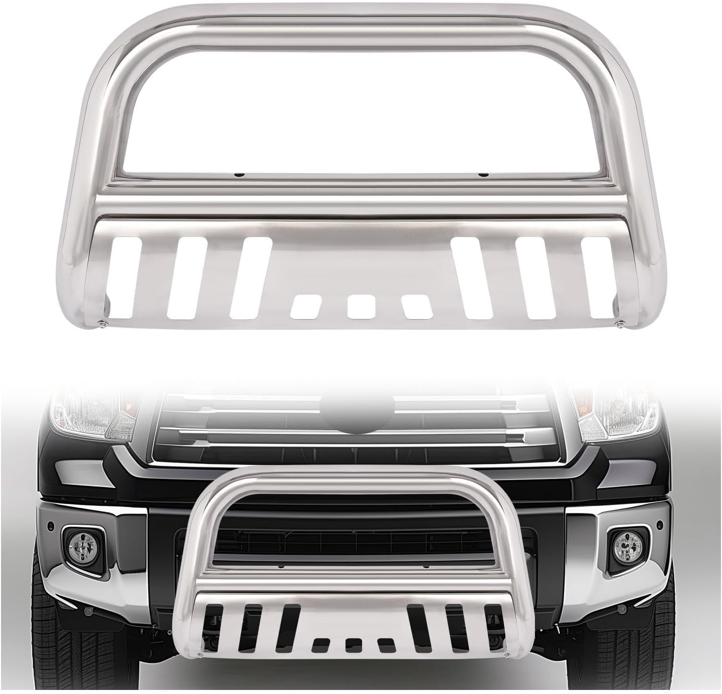 KUAFU Bull Bar Brush Guard Compatible with 2007-2021 Toyota Tundra & 2008-2022 Toyota Sequoia Front Bumper Grille Grill Guard Impact Bar Tubing Brush Push Bar 304 Stainless Steel Polishing Silvery