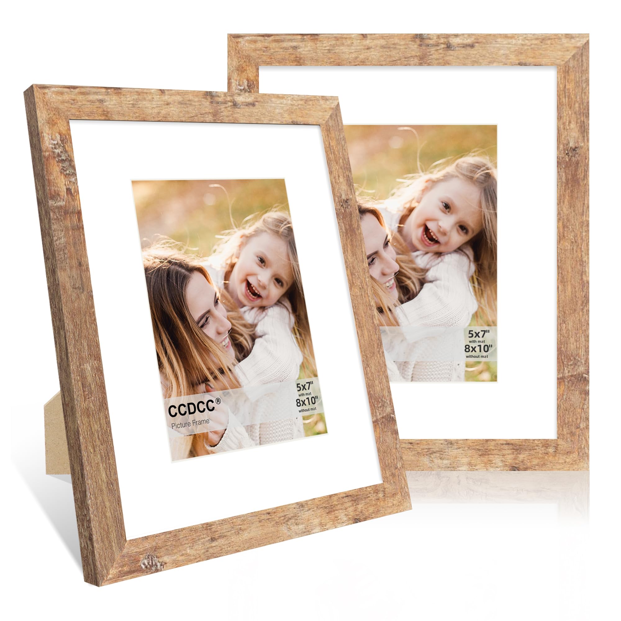 8x10 Picture Frame Set of 2, 8 x 10 Wood Photo Frames with Mat for 5x7, Natural Wooden Frame with Real Glass Cover for Wall and Tabletop Display,Brown