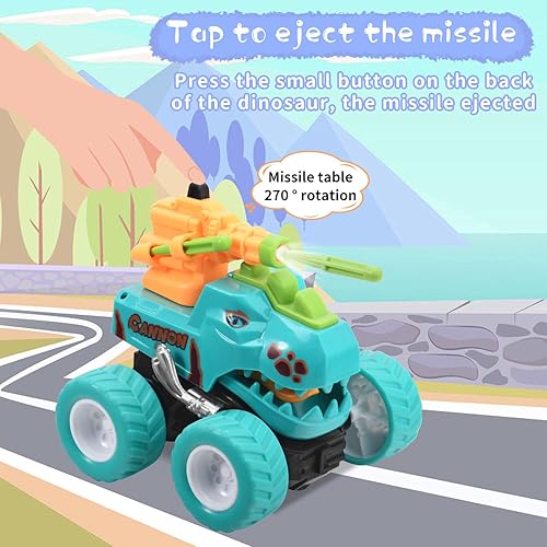 Miniatura 4 de Juguetes de catapulta de dinosaurio paquete de 3 autos Dinasour con tracción hacia atrás camiones de dinosaurio para niños pequeños juguete de