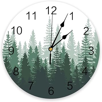 Forest Wall Clock, 10 Inch Round, Silent Non-Ticking, PVC Material, Green