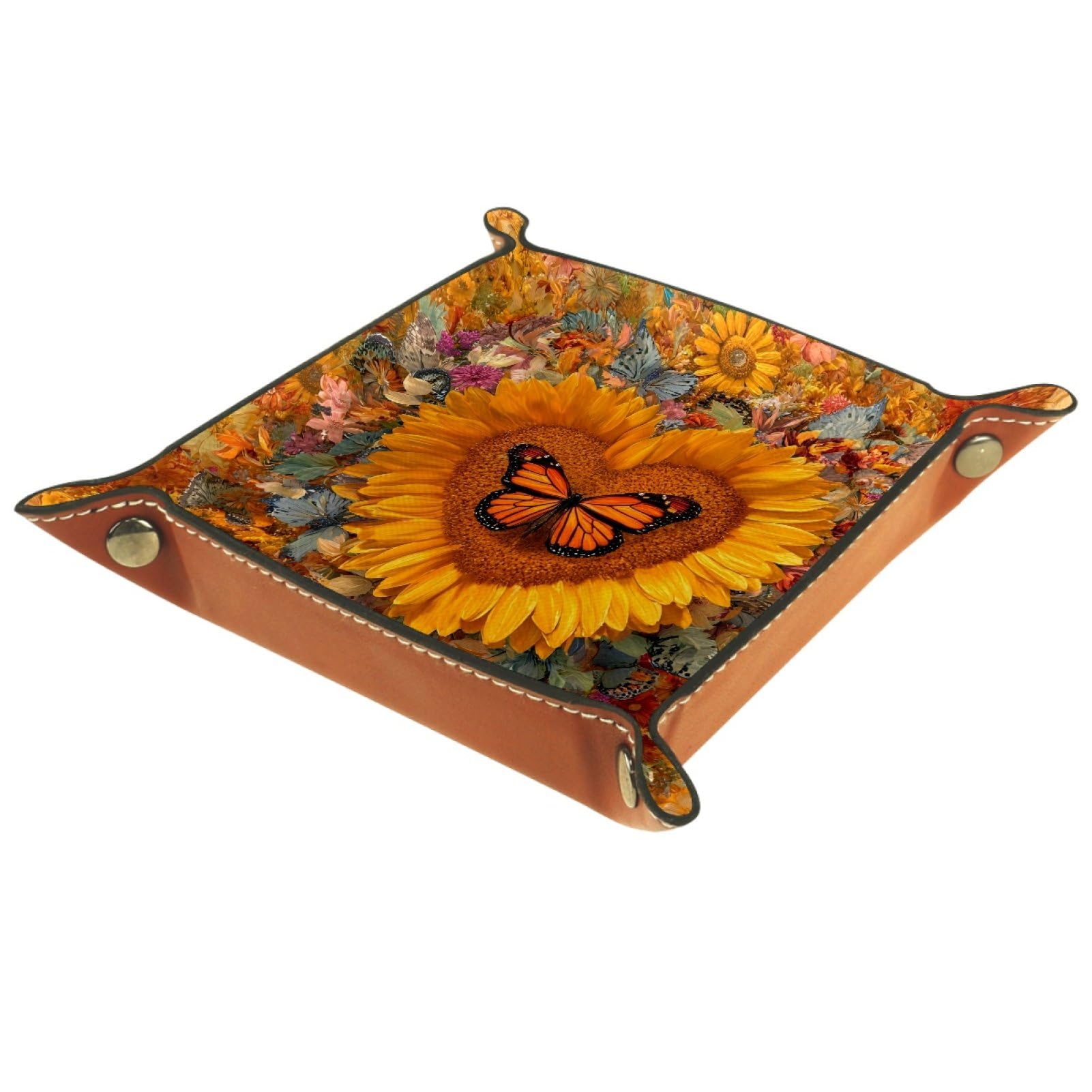 VAPOKF Sunflower Butterfly Dice Trays Quadrilateral Dice Folding Tray Microfiber Leather Holder for Table Games RPG DND, 20.5 × 20.5 cm