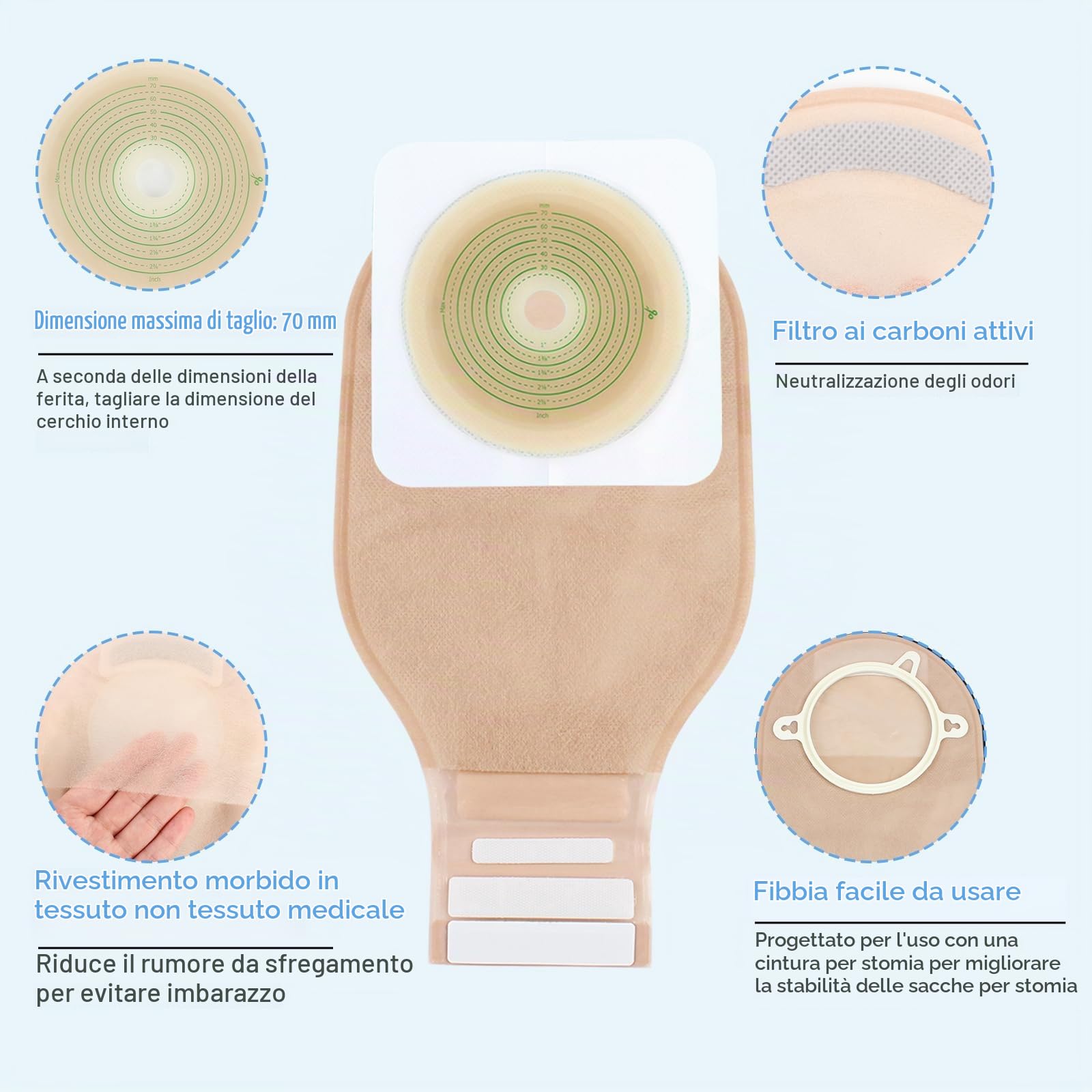 60 Pezzi Di Sacchetti per Colostomia, Sacche per Stomia a 2 Pezzi | 70 Mm Max, 40 Sacche per Stomia + 20 Barriere Cutanee, Sacchetti Drenanti a Due Pezzi Con Chiusura per La Cura Dello Stoma
