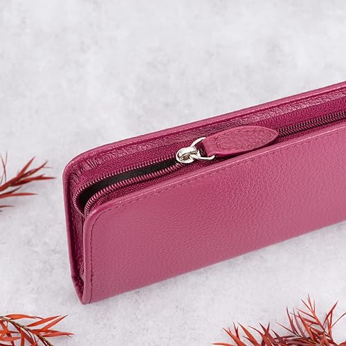 Miniatura 4 de Lanxivi - Estuche de cuero genuino para pluma estilográfica con 3 ranuras divididas, color rojo vino, estuche con cremallera para bolígrafo, soporte