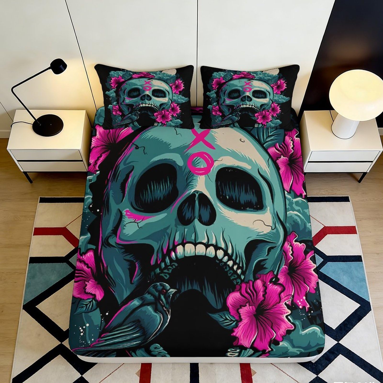 3D Printed Skull Flower Fitted Sheet Microfiber Breathable Gothic Bird Bed Cover for Bedroom Dorm Mattress Decor 90x200x25cm