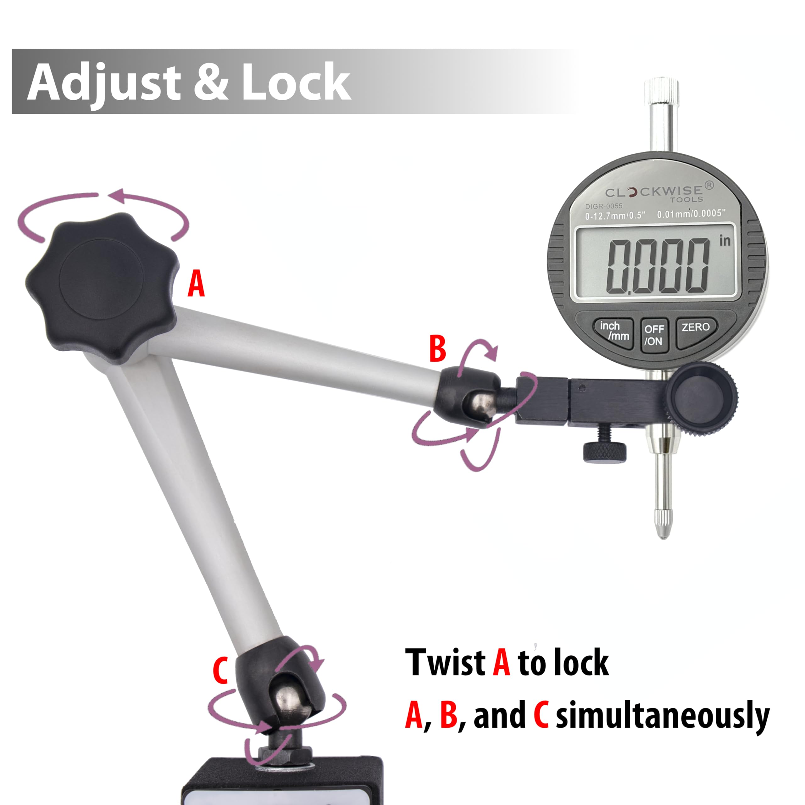 Clockwise Tools DIBR-0055 Indicador digital con soporte de base magnética, 0-0.5 pulgadas/12.7 mm, conversión métrica/pulgada, apagado automático