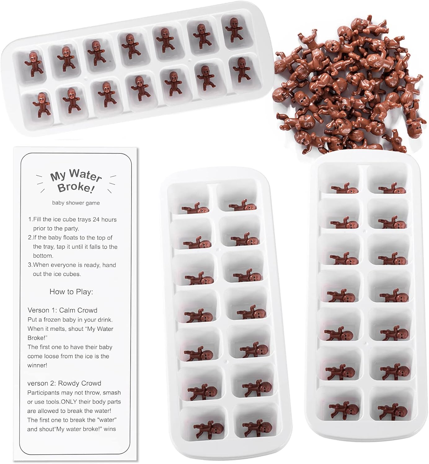 My Water Broke Baby Shower Game with 80 Mini Plastic Babies, 3 Ice Cube Trays and 1 Sign, Used for Ice Baby Shower Games, Black