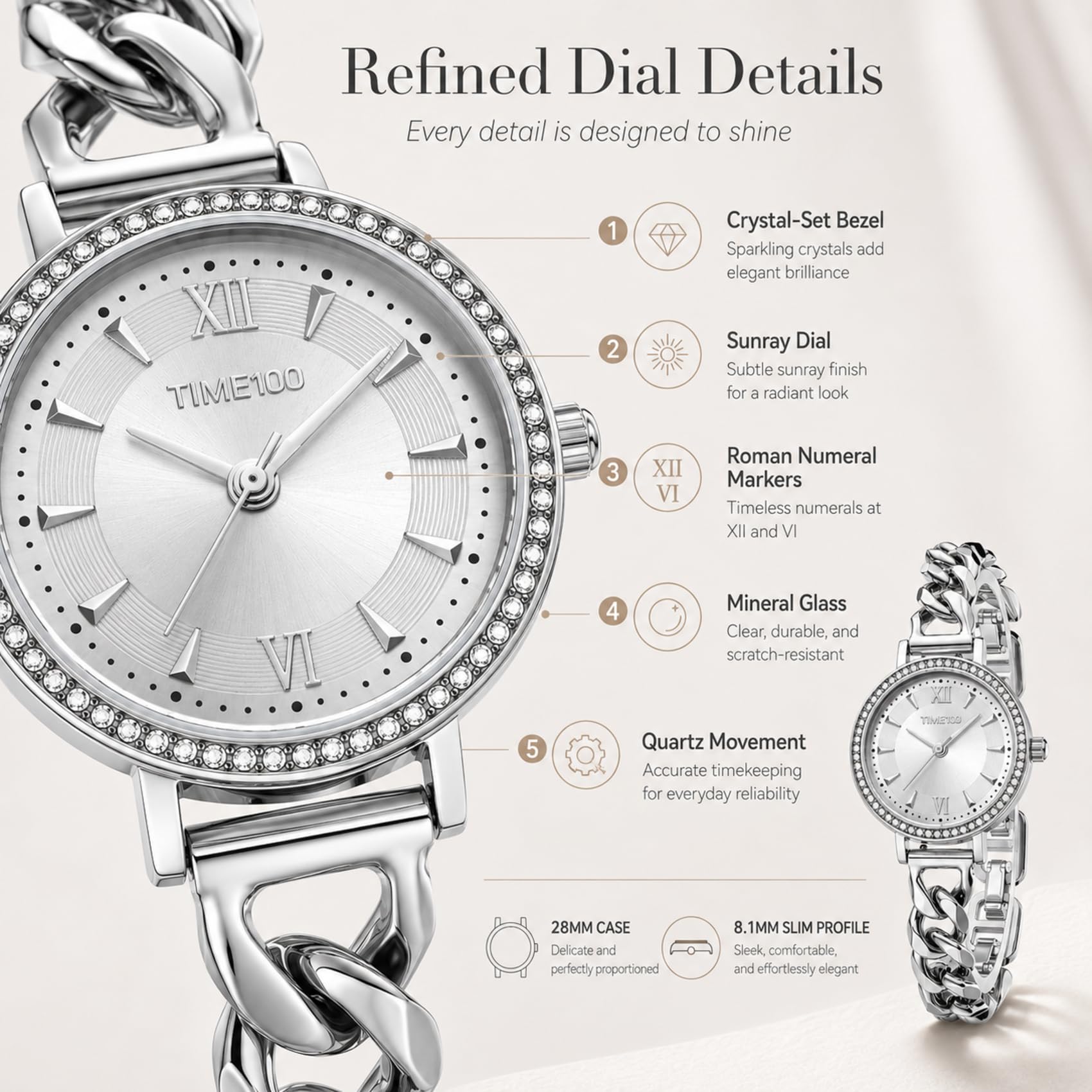 TIME100 Montre Femme Mini Bracelet Quartz Lunette Cristal