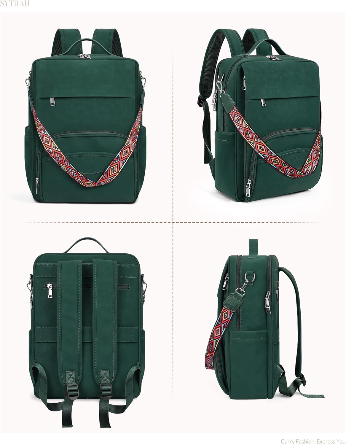Leather Laptop Backpack, 15.6 Inch Business Computer Bag, Designer College Backpack Travel Backpack with Colorful Shoulder Bag Strap Green - Image 9