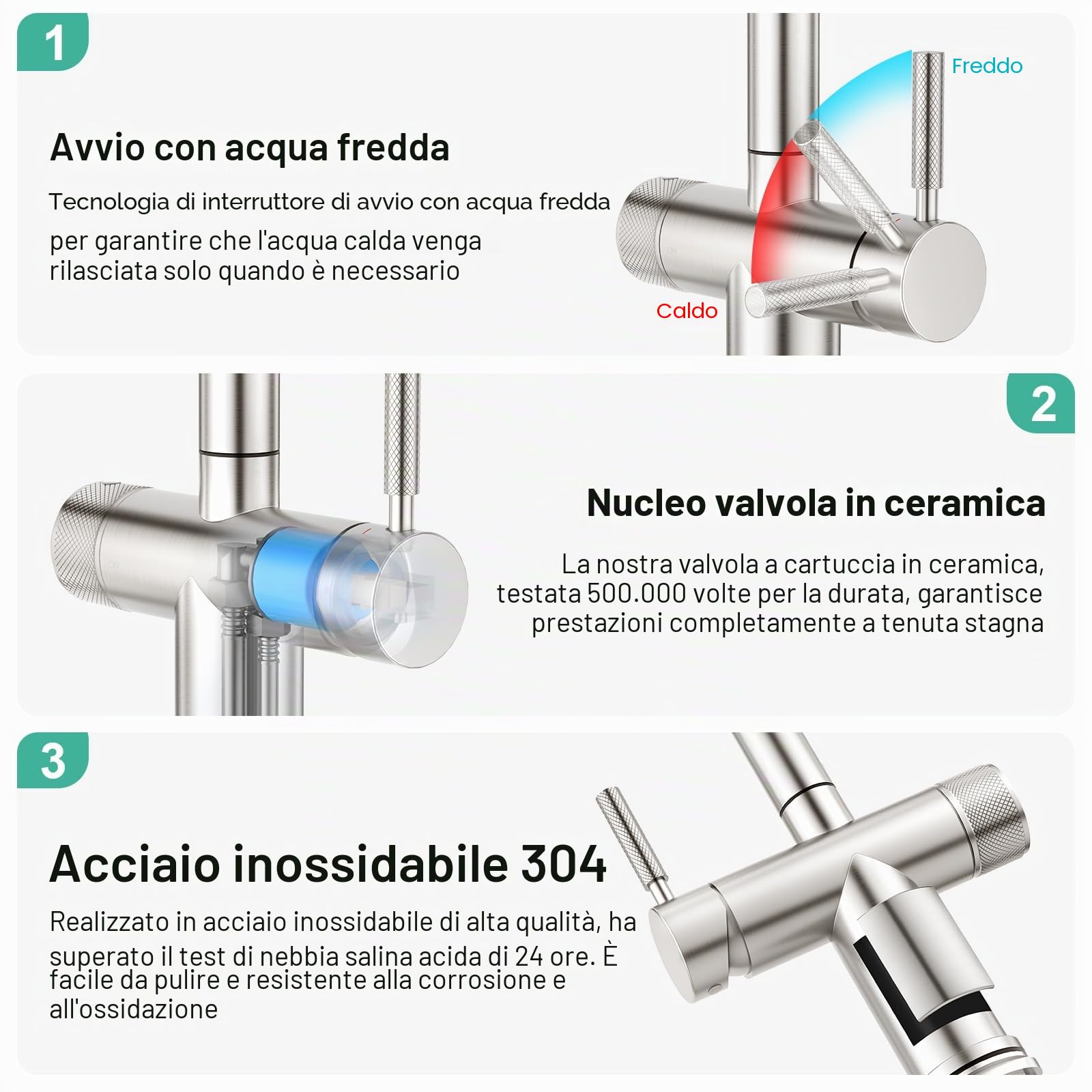 Faustina Rubinetto da Cucina a 3 vie con Doccetta estraibile, Rubinetto da Lavelli per Cucina a doppia leva 3 in 1 per filtro Dell'acqua Osmosi spazzolato