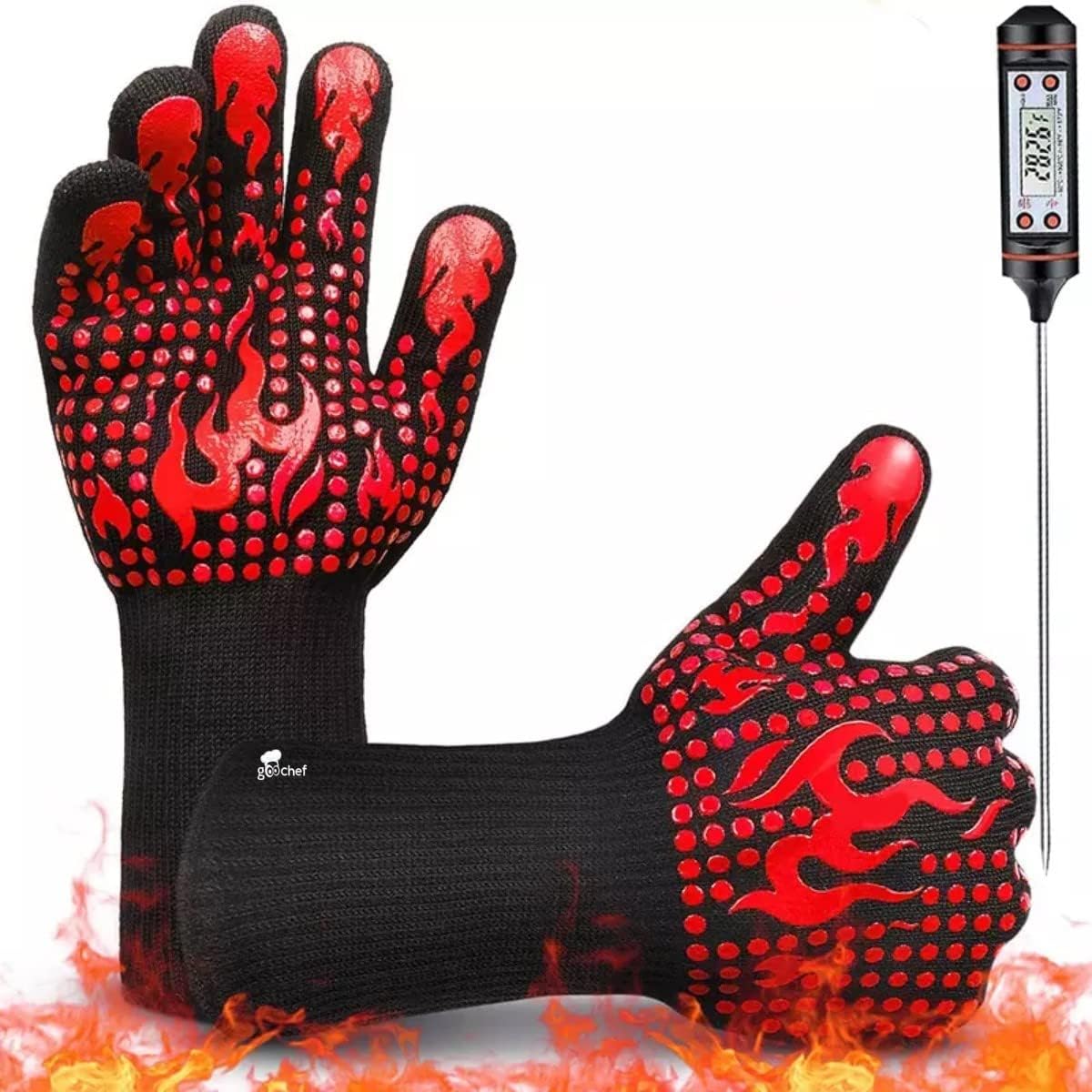 GooChef Grilling Gloves - Silicone Heat Resistant Oven Mitts, Non-Slip Gloves, Great for Barbecue, Frying, Cooking, Baking, Smoking Meat, Black/Red