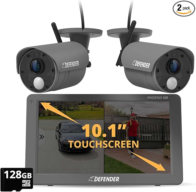 Defender Phoenix HD Wireless Security Camera System with 10.1” Touchscreen Monitor, 2 HD Outdoor Security Cameras, no Wi-Fi Required, upto 1000ft, two Way Talk, includes 128GB SD Card, 2 Year Warranty