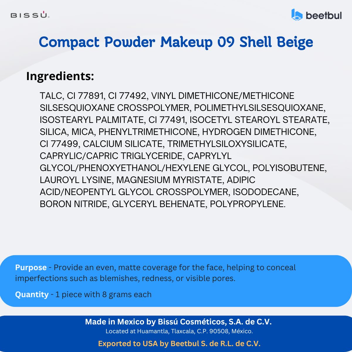 Beetbul Makeup & Exfoliation Kit - Bissú Compact Powder + 1 Medium Velvet Puff + 2 Finger Puffs + 1 Facial Exfoliating Sponge (09 Shell Beige, One Size) - Image 5