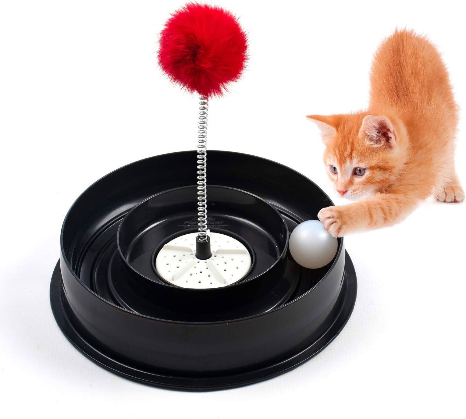 Roamwild 4 in 1 Play Bowl Quiet Cat Toy – Cats Interactive Play Stimulating Ball Track Toy with Spring Pom-Pom – Kitten Toys with Fun Spinning Catnip Odour Release Compartment & Non Slip Feet